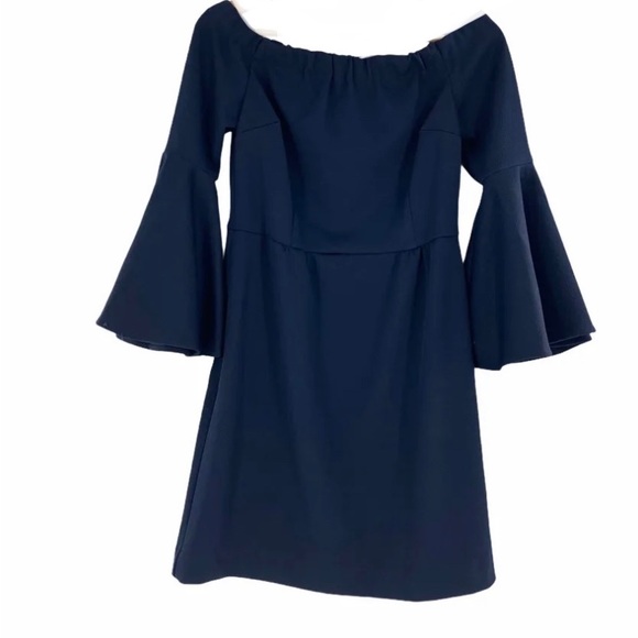 Trina Turk Size 6 Navy Bell Sleeve Off The Shoulder Dress. - Picture 2 of 6